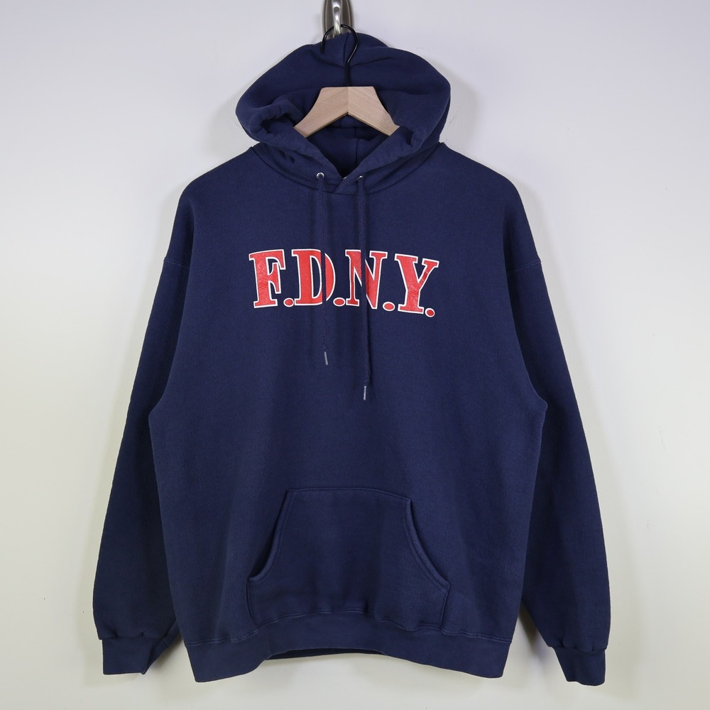 Vintage 90s FDNY New York Fire Department Hoodie Large Navy Blue Lee Ultraweight